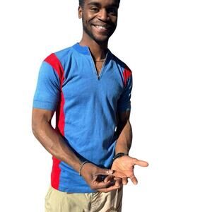 Vintage 70s Wool Knit Cycling Jersey – Blue & Red Half Zip Racing Style